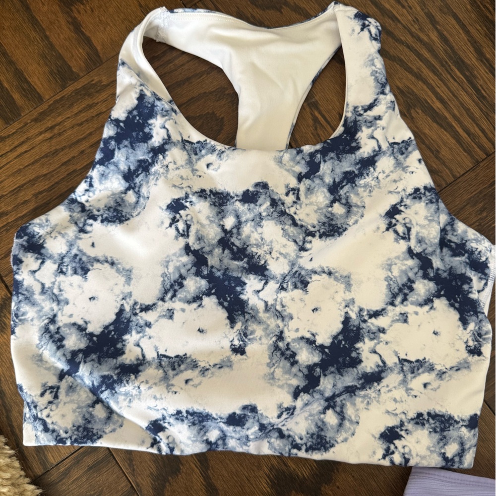 Blue and white tie dye sports bra size small